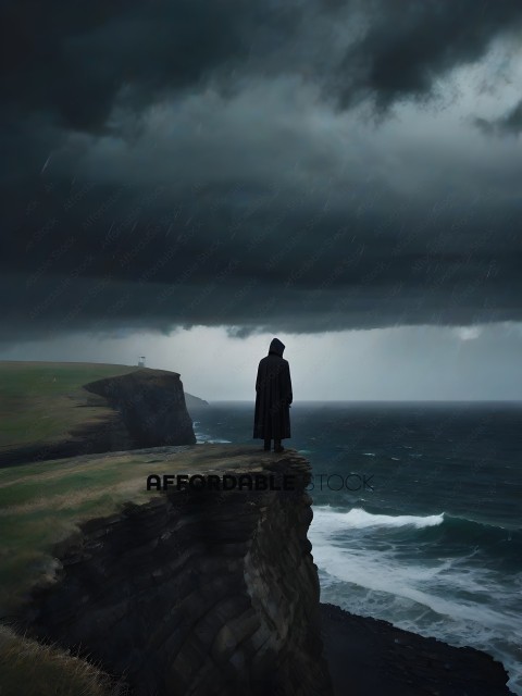 A person in a cloak stands on a cliff overlooking the ocean