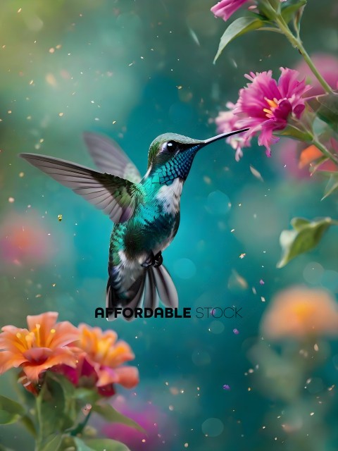 A hummingbird hovering over a flower