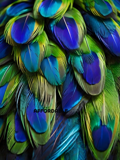 A close up of a blue and green bird feather