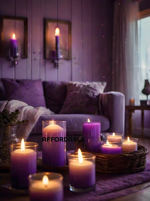 A Purple Candlelit Room with a Basket of Candles