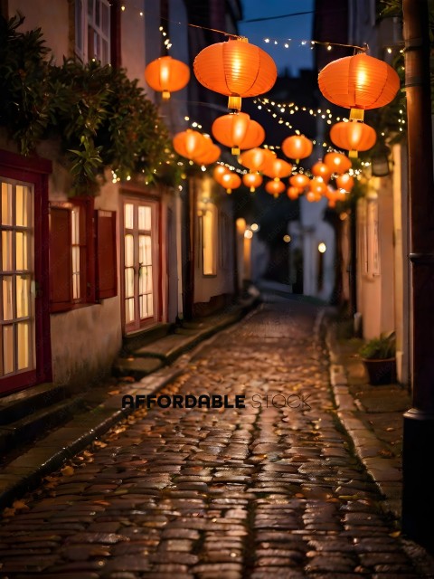 A street with a brick sidewalk and a row of orange lanterns