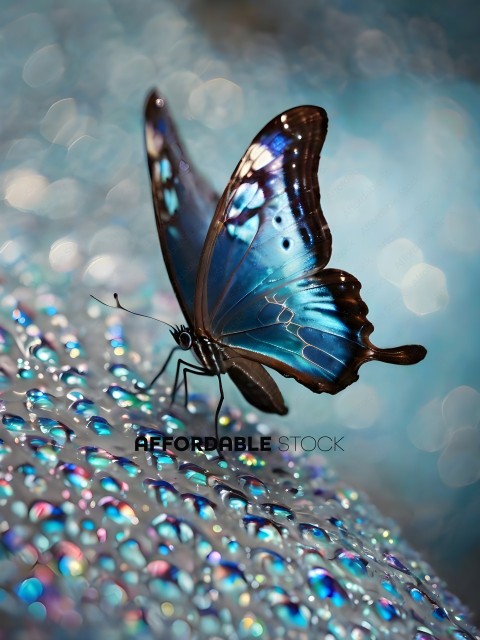 A blue butterfly with a black body and blue wings