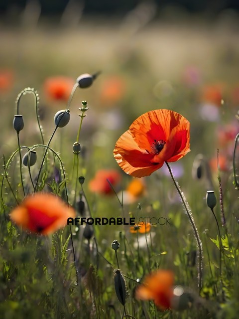 A field of flowers with a red flower in the foreground