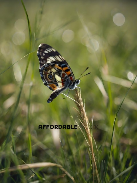A butterfly perched on a tall grass stem