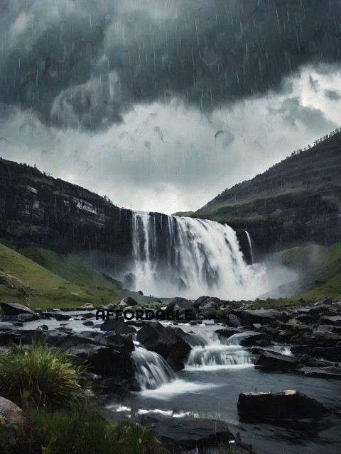A waterfall in a mountainous area with rain falling