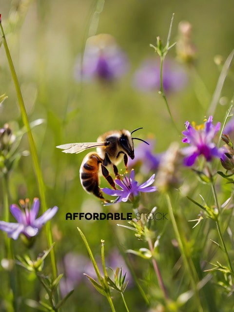 A bee is flying through a field of flowers