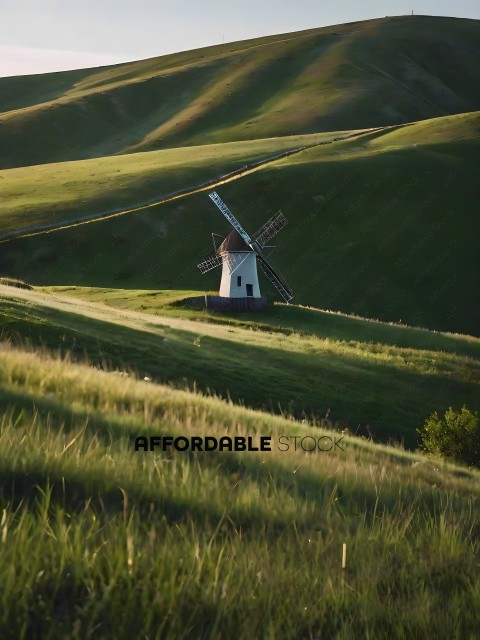 A windmill in a field with green grass