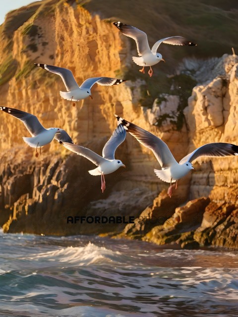 Seagulls flying over a rocky coastline