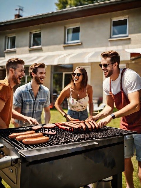 Four friends cooking hotdogs on a grill