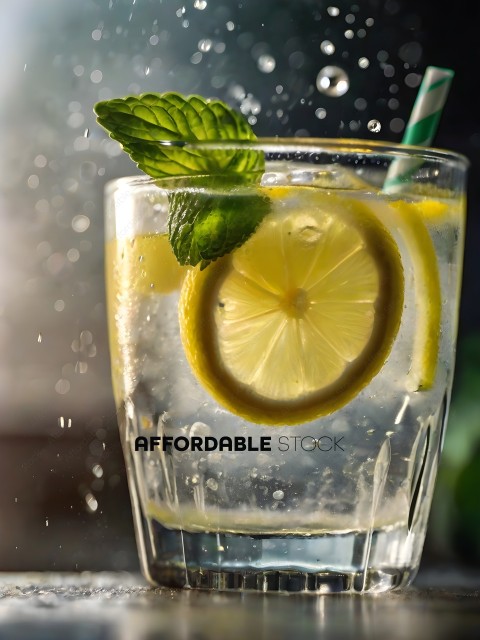 A glass of water with a lemon slice and a mint garnish
