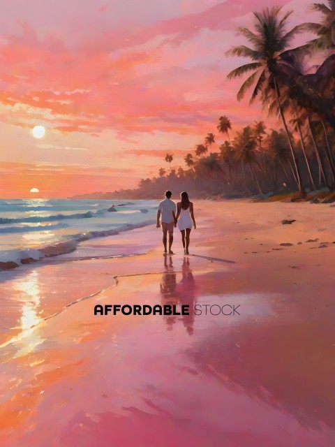 A couple walks along the beach at sunset