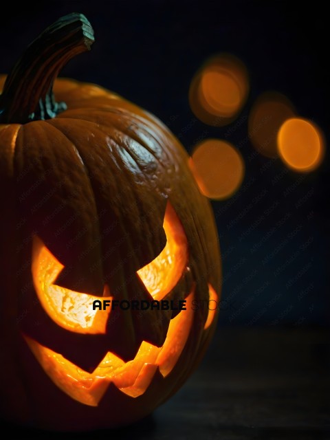 A pumpkin with a carved face and lit up with a candle