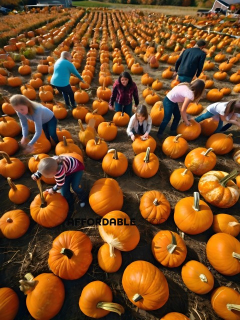Children and adults picking pumpkins