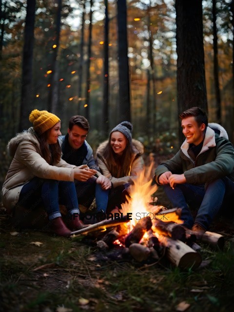 Four friends sitting around a fire in the woods