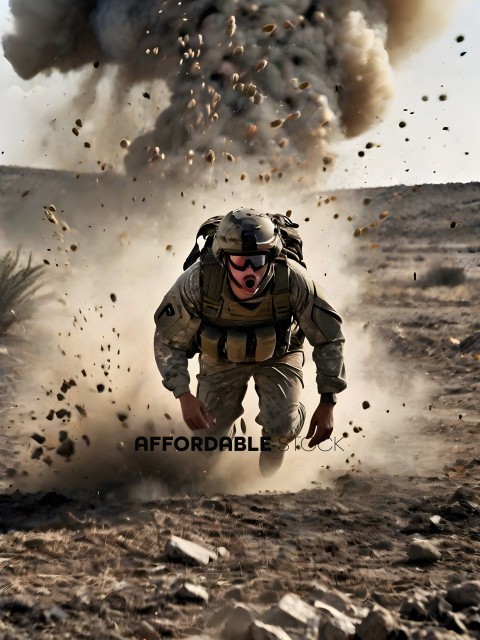 Soldier Running Through Dirt and Sand