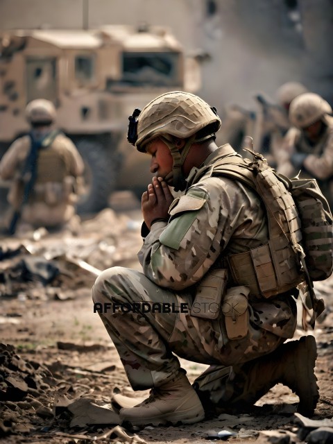 Soldier in camouflage pants and helmet praying