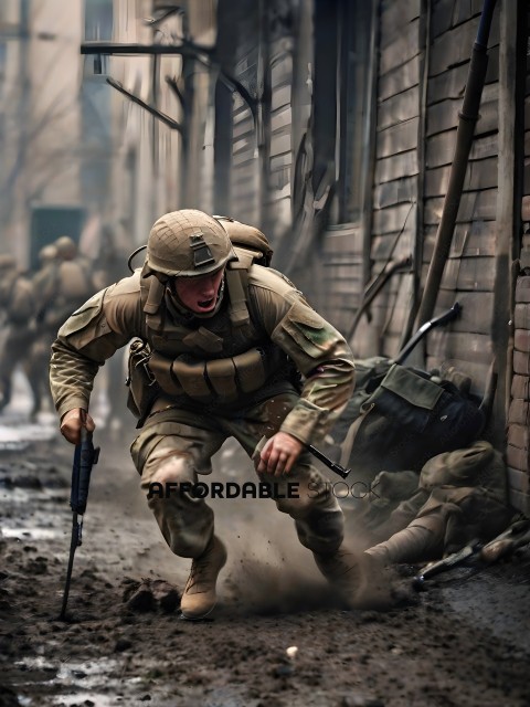 Soldier running through the mud