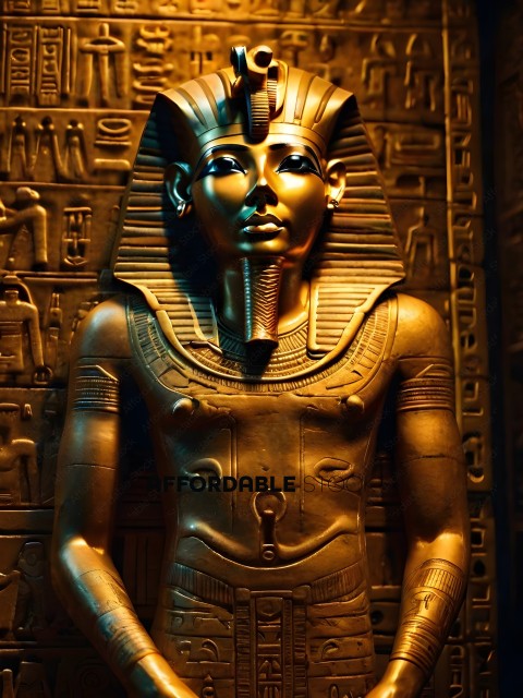 A gold statue of a pharaoh with a key in his chest
