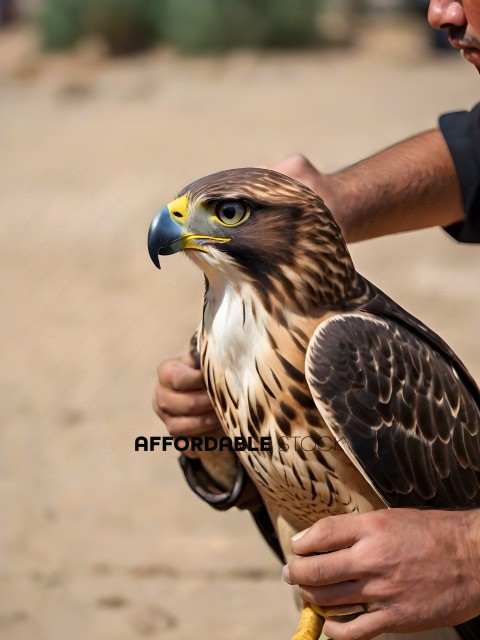 A falconer holds a hawk in his hands