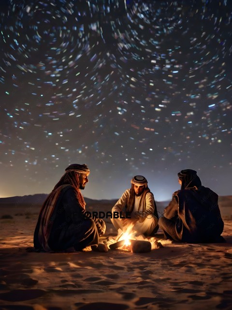 Three men sitting around a fire at night