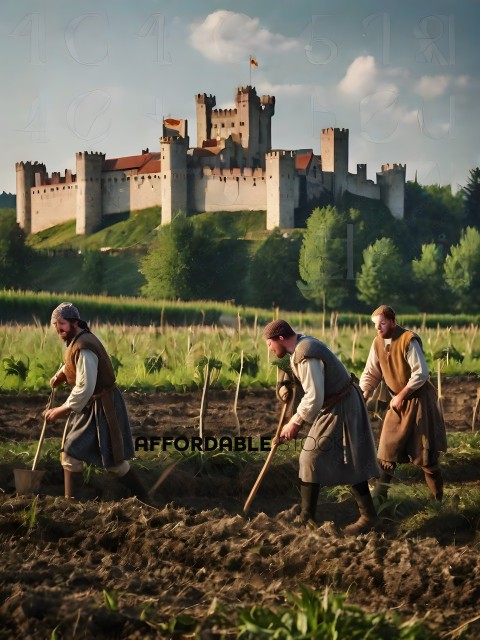 Three men working in a field with a castle in the background