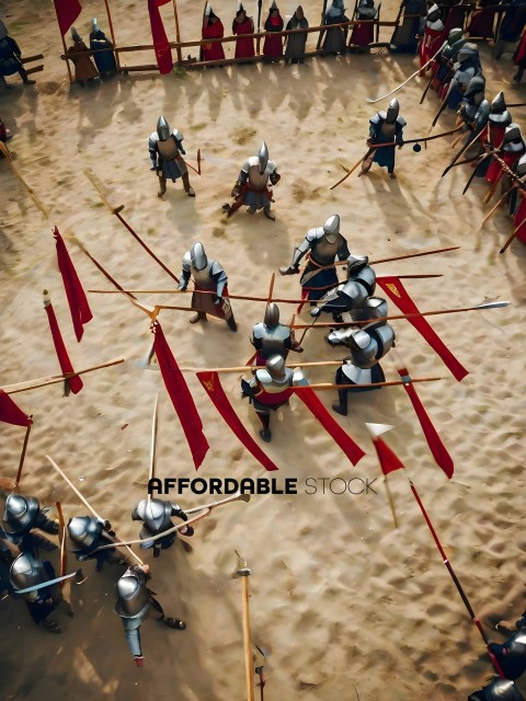 Knights in armor on a sandy battlefield