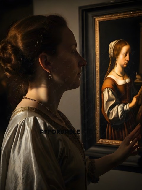 A woman in a museum looking at a painting of a woman