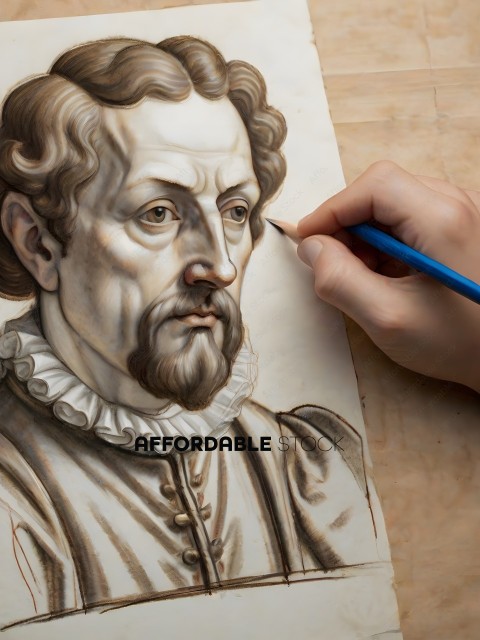 A person is drawing a portrait of a man