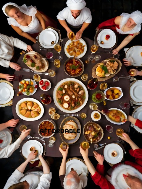 A group of people are sitting around a table with a variety of foods