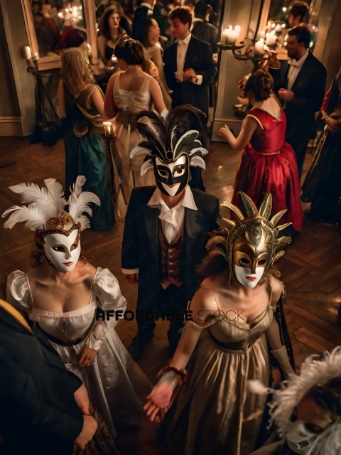 Masked party guests dance and mingle
