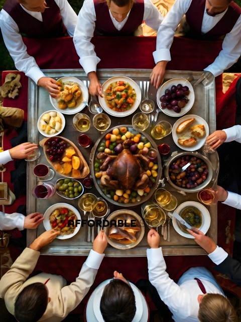 A group of people are gathered around a table with a large turkey and a variety of foods