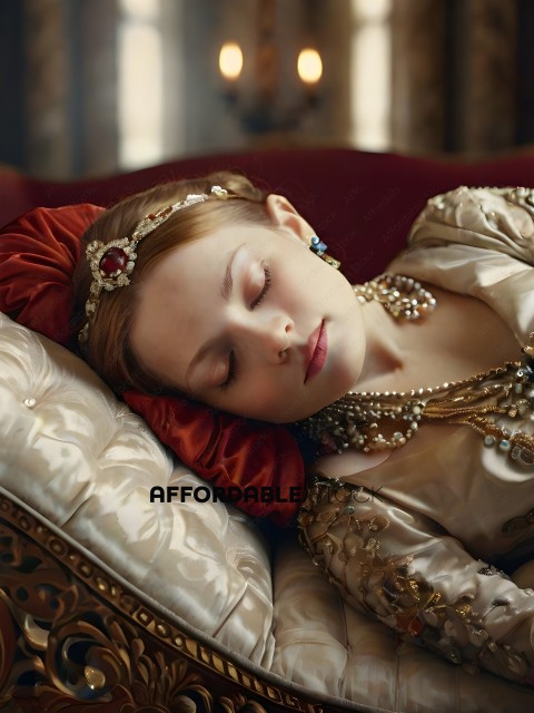 A woman wearing a crown and jewelry is sleeping