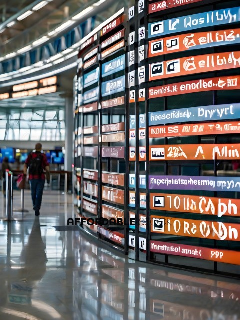 A man walking through an airport with a large board of signs