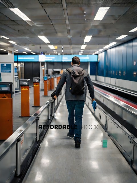 Man with a backpack walking through an airport
