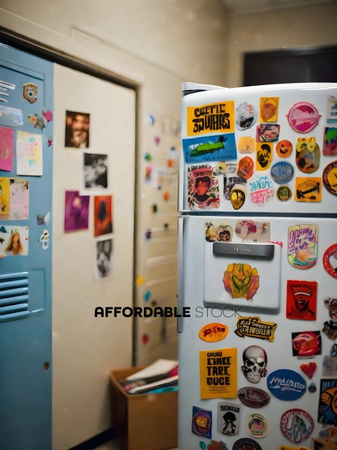 A refrigerator covered in stickers and magnets