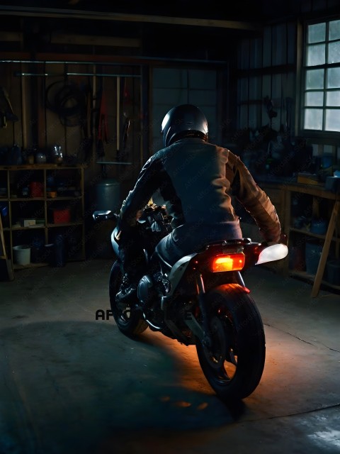 Man riding motorcycle in garage
