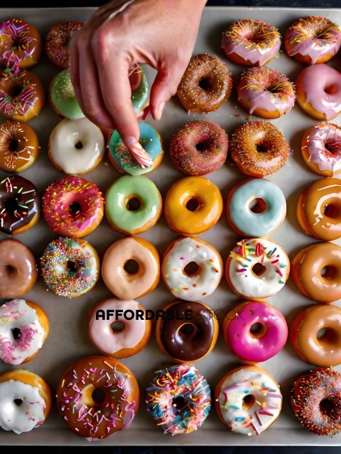 A person is picking up a doughnut from a table of many doughnuts