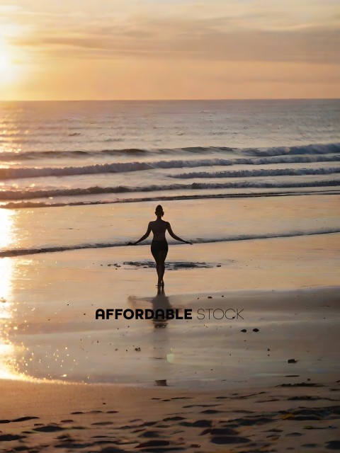 A woman walks on the beach at sunset