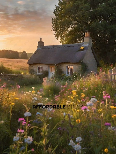 A beautiful scene of a cottage in a field of flowers