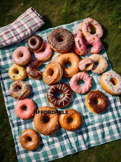 A variety of donuts on a plaid cloth