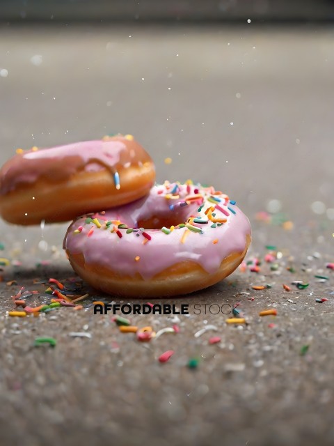 Two donuts with sprinkles on the ground