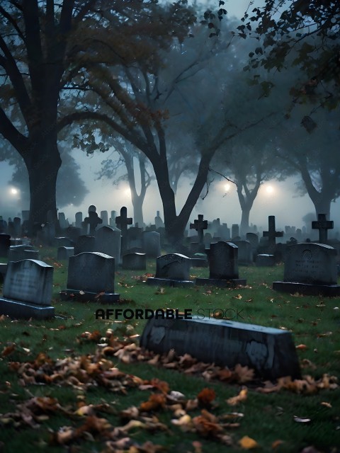 A Foggy Cemetery with Leaves