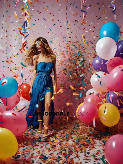 A woman in a blue dress standing in a room with balloons