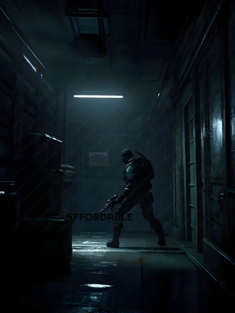 A man in a dark room with a gun
