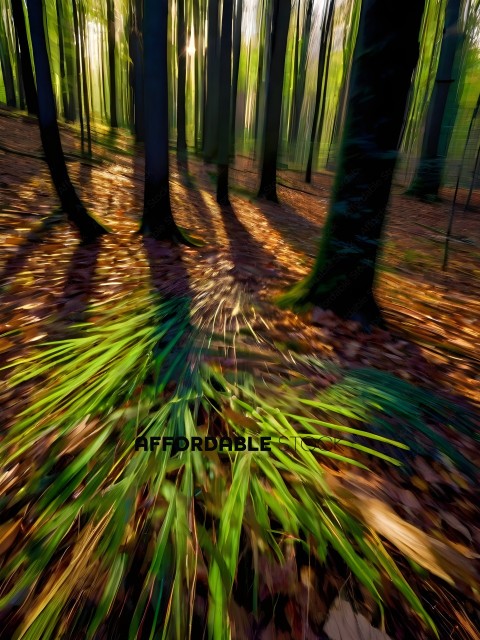 A blurry photo of a forest with green grass and brown leaves