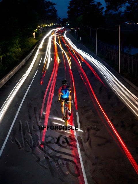 A person riding a bike on a road at night