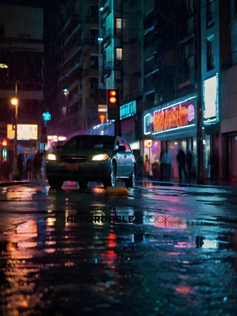 A car driving down a rainy street at night