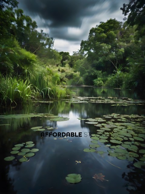 A serene scene of a pond with lily pads and a cloudy sky