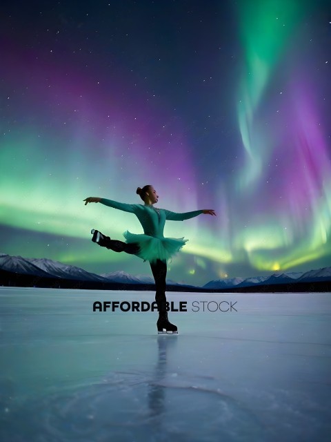 A female ice skater in a green dress performs in front of a beautifully lit sky