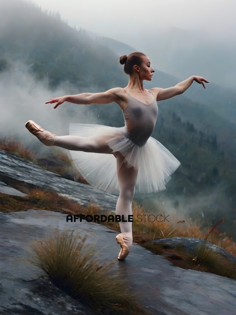 A ballerina dancing on a rocky cliff overlooking a valley